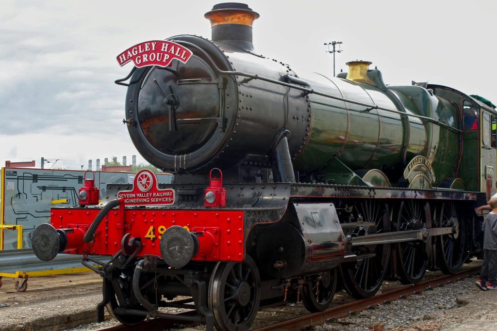Vintage Hagley Hall steam locomotive displayed at Severn Valley Railway in England.